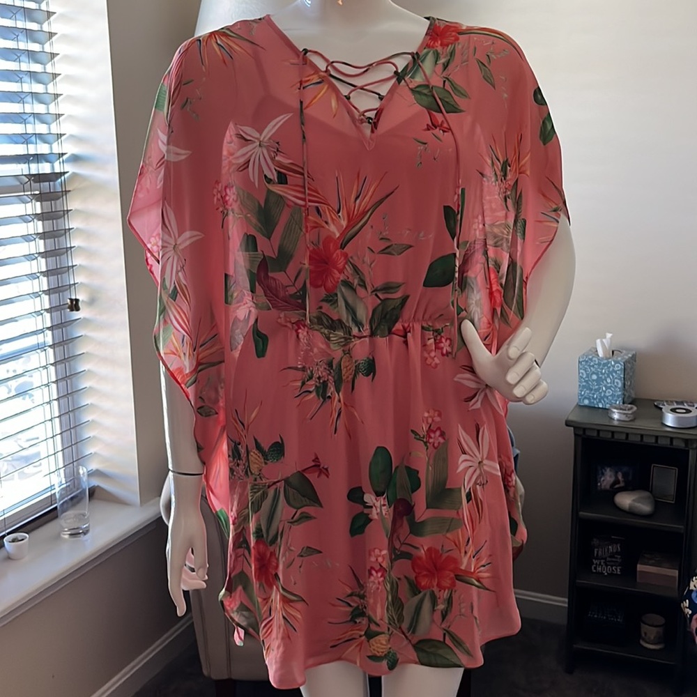 Coral colored beach or poolside dress with green and orange orchids. Size M
